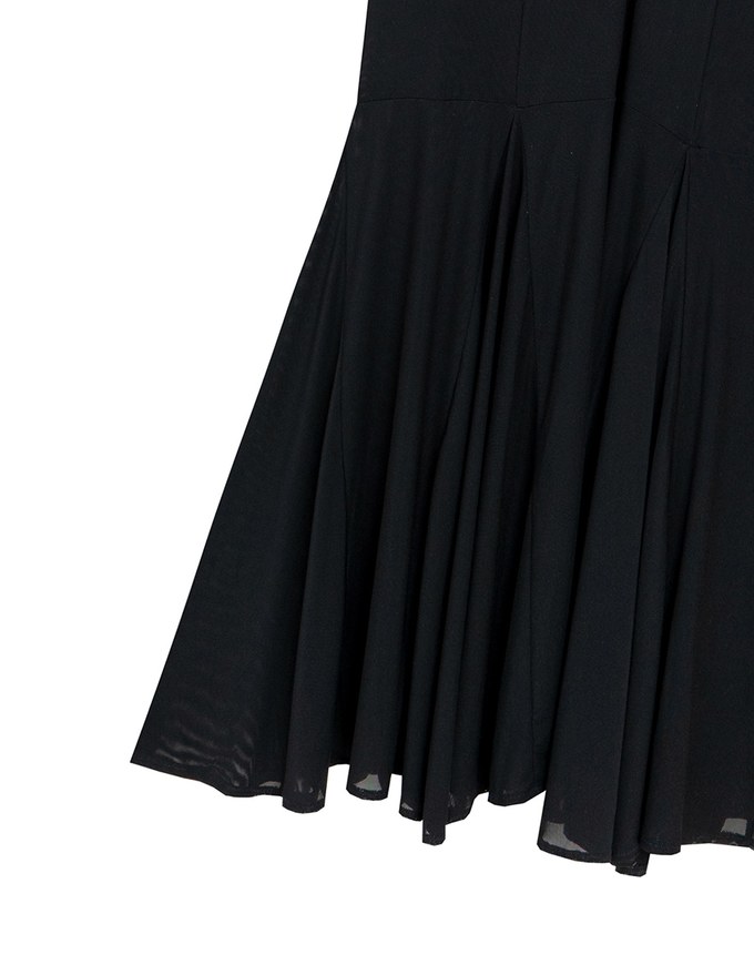 Satin Spaghetti Strap Padded Maxi Dress with Sheer Panel Flare Hem