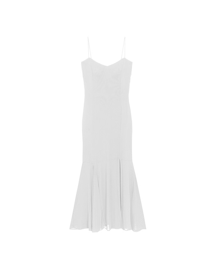 Satin Spaghetti Strap Padded Maxi Dress with Sheer Panel Flare Hem