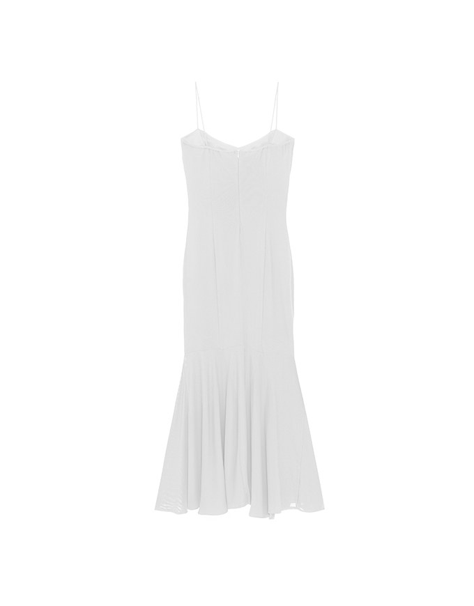 Satin Spaghetti Strap Padded Maxi Dress with Sheer Panel Flare Hem