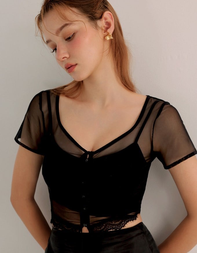 Lace Trimmed Sheer Mesh Outer Top with Front Tie Detail and Solid Spaghetti Strap Cami Padded Top Set Wear