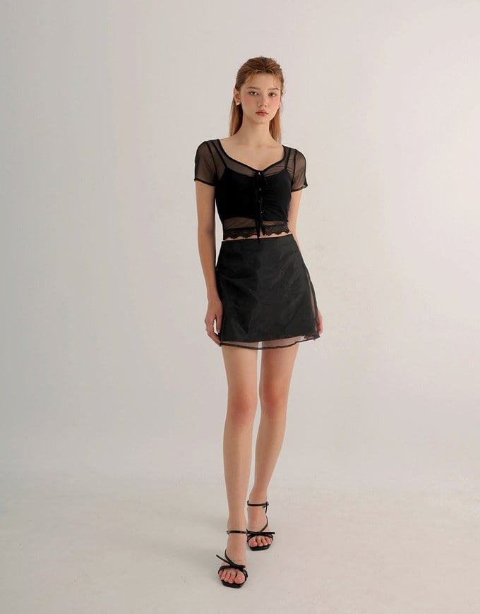Lace Trimmed Sheer Mesh Outer Top with Front Tie Detail and Solid Spaghetti Strap Cami Padded Top Set Wear