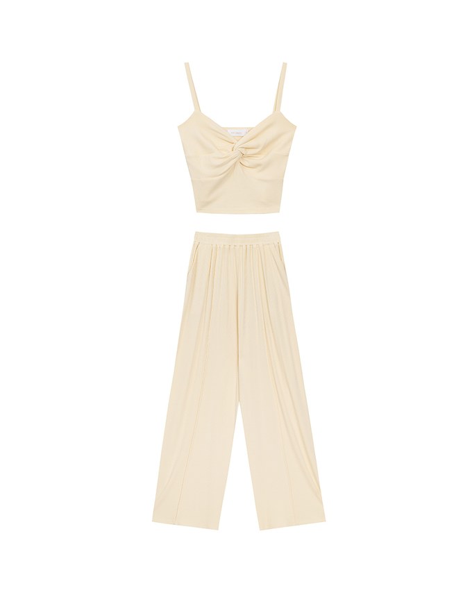 Twist Front V Neck Spaghetti Cami Top and Elastic Waist Relaxed Pants Setwear