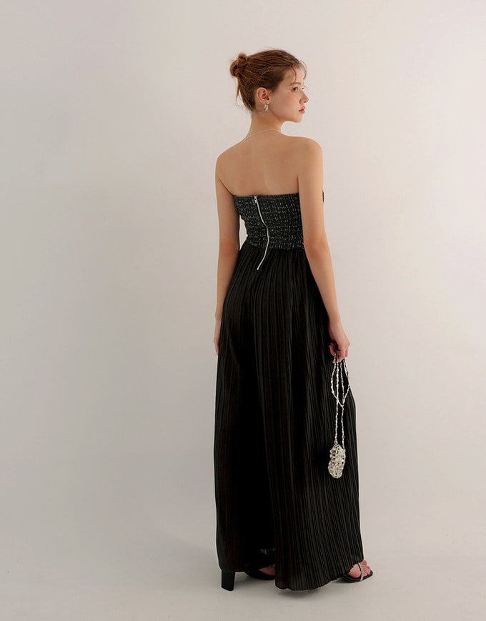 2 Way Tweed Pleated Wide Leg Jumpsuit with Removable Straps