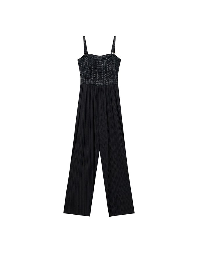 2 Way Tweed Pleated Wide Leg Jumpsuit with Removable Straps