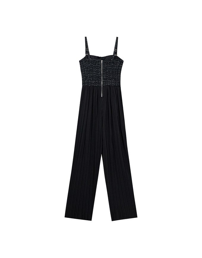 2 Way Tweed Pleated Wide Leg Jumpsuit with Removable Straps
