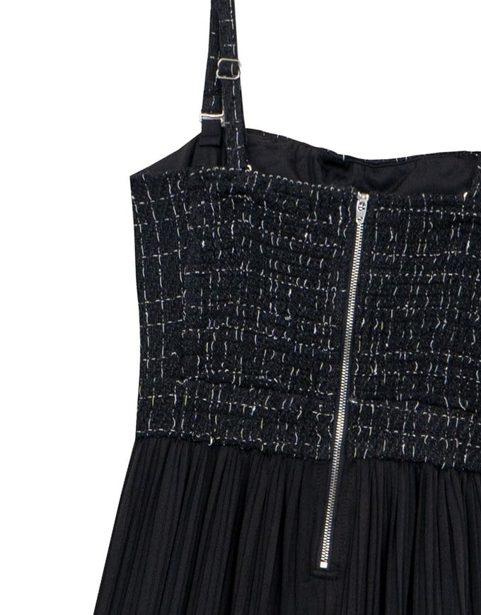 2 Way Tweed Pleated Wide Leg Jumpsuit with Removable Straps
