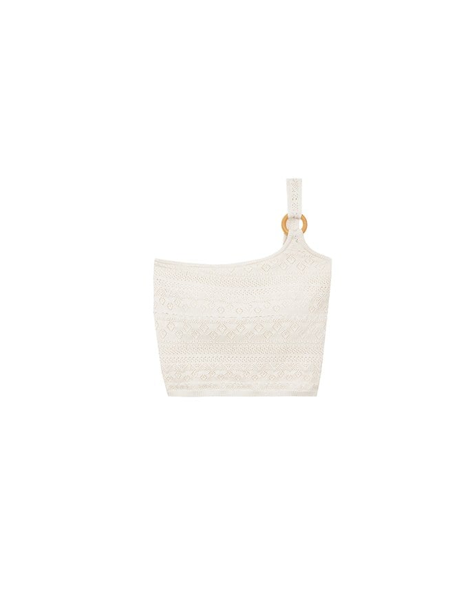 【GUT GUT Design】 Crochet One Shoulder Knit Padded Tank Top with Wooden Ring Detail