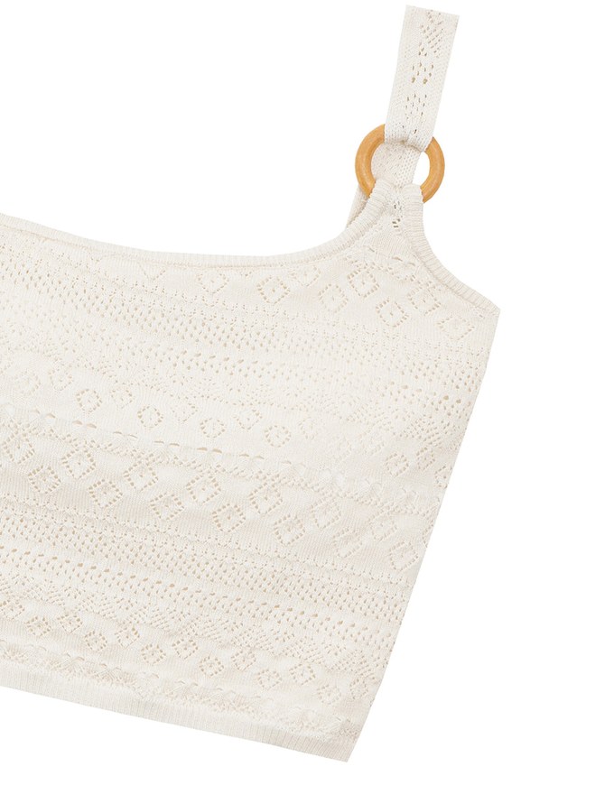 【GUT GUT Design】 Crochet One Shoulder Knit Padded Tank Top with Wooden Ring Detail