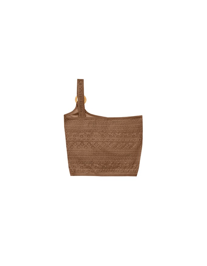 【GUT GUT Design】 Crochet One Shoulder Knit Padded Tank Top with Wooden Ring Detail