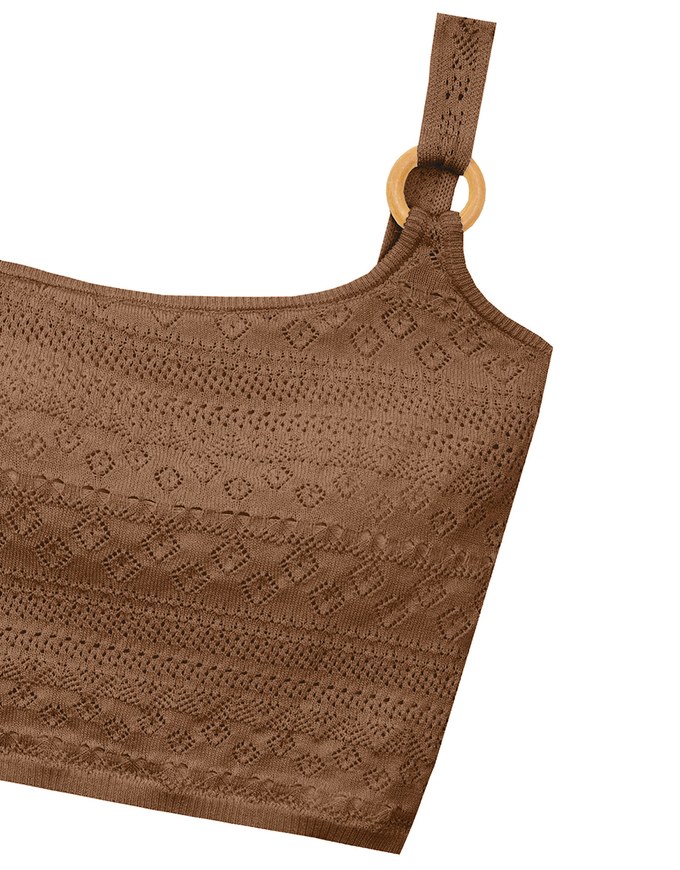 【GUT GUT Design】 Crochet One Shoulder Knit Padded Tank Top with Wooden Ring Detail