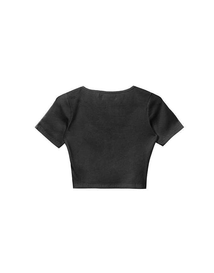 Slim Fit Button Up U Neck Ribbed Crop Top