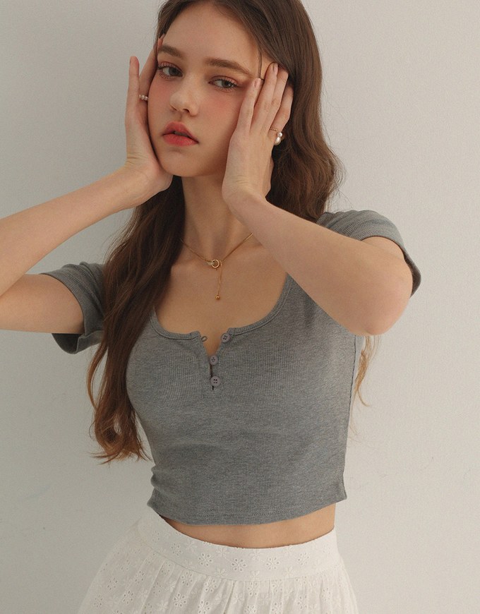 Slim Fit Button Up U Neck Ribbed Crop Top