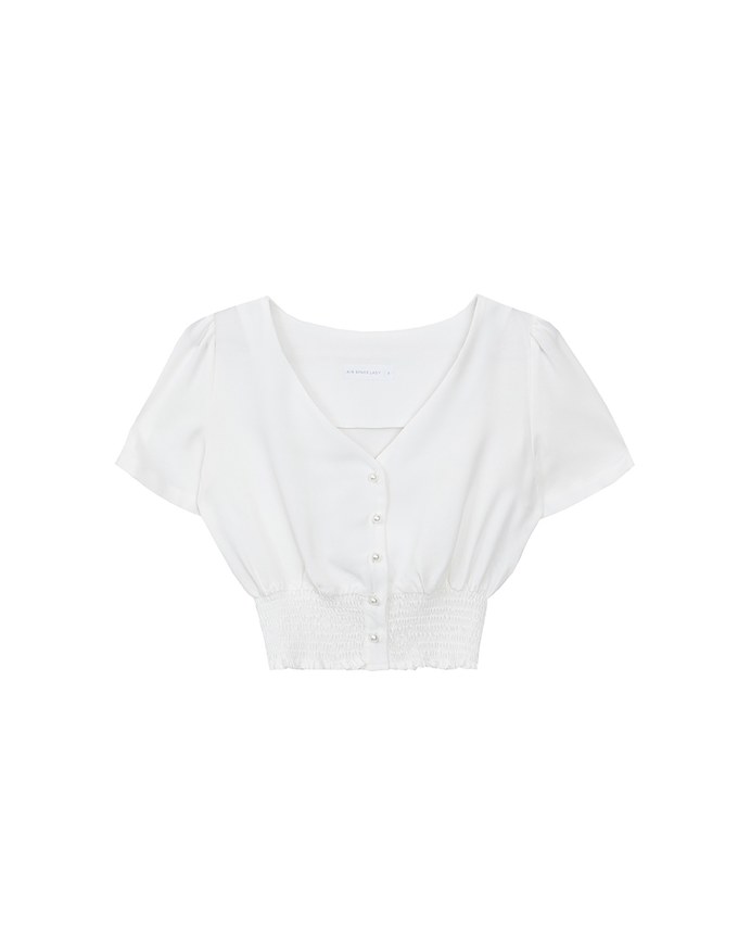 V Neck Ruched Crop Top With Pearl Button Detail