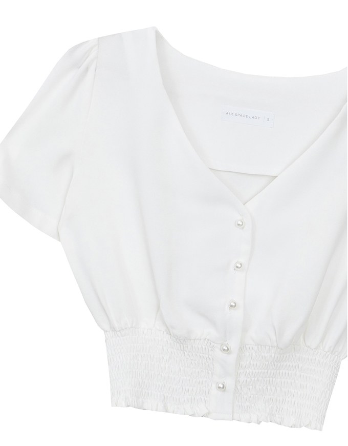 V Neck Ruched Crop Top With Pearl Button Detail