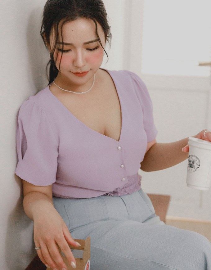 V Neck Ruched Crop Top With Pearl Button Detail