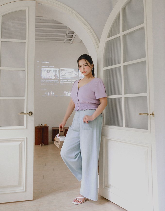 V Neck Ruched Crop Top With Pearl Button Detail