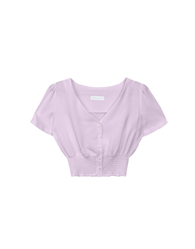 V Neck Ruched Crop Top With Pearl Button Detail