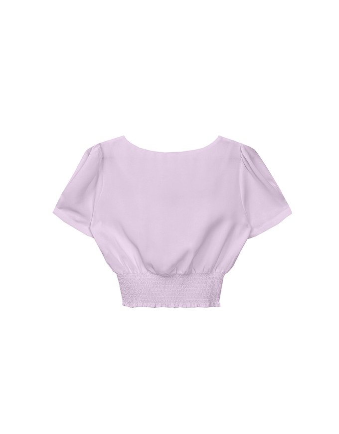 V Neck Ruched Crop Top With Pearl Button Detail