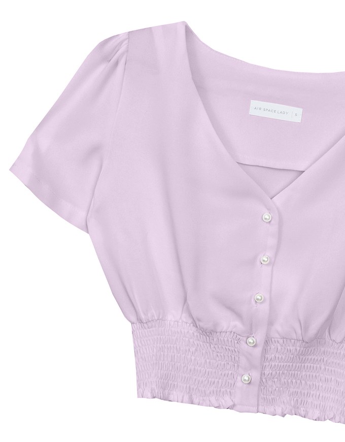 V Neck Ruched Crop Top With Pearl Button Detail