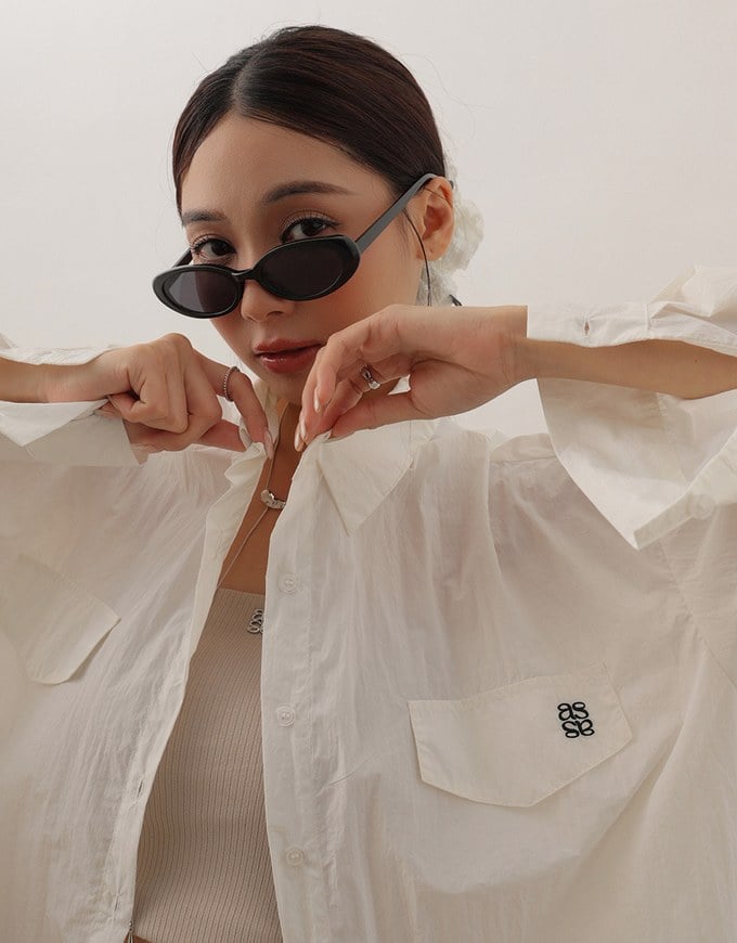 Skin Protection Sheer Button Up Oversized Blouse with Two Flap Pockets
