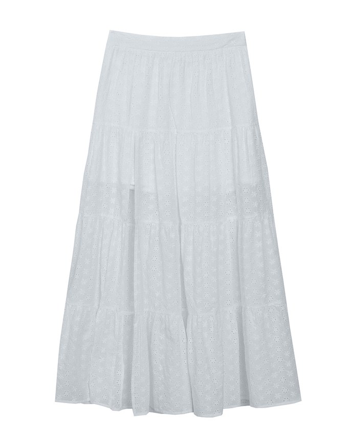 Lace SKIRT Embroidered Shirred Detail Tiered Maxi Skirt with Lining