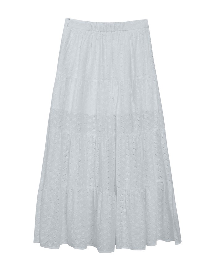 Lace SKIRT Embroidered Shirred Detail Tiered Maxi Skirt with Lining