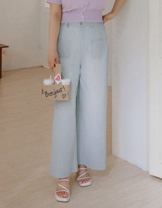 Jeans Denim Wide Leg Pants with Raw Hem and Patch Pockets
