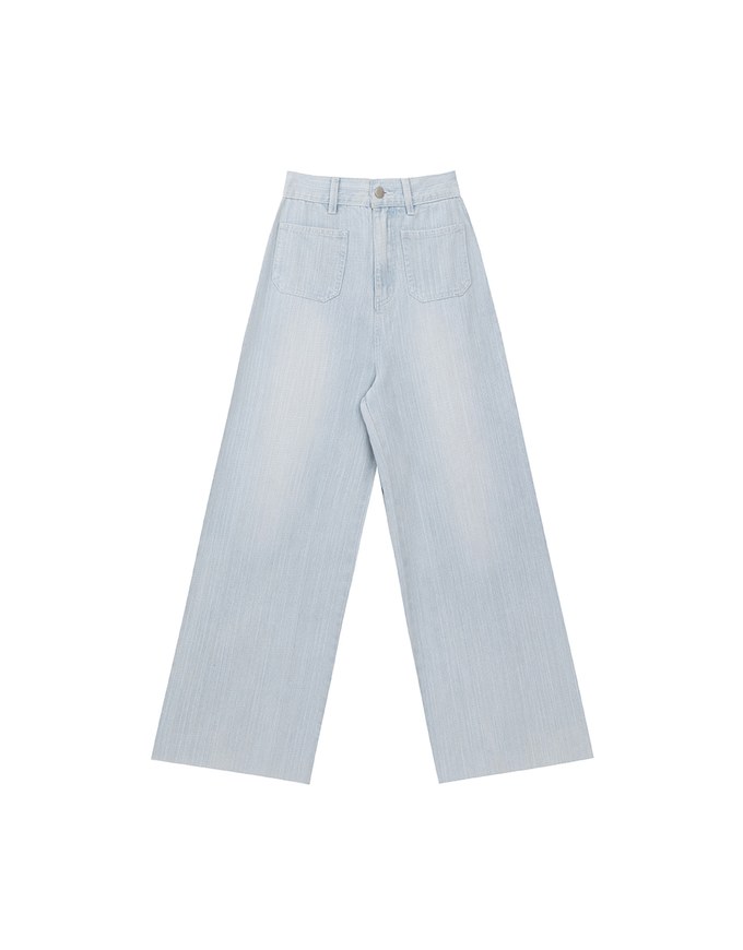 Jeans Denim Wide Leg Pants with Raw Hem and Patch Pockets