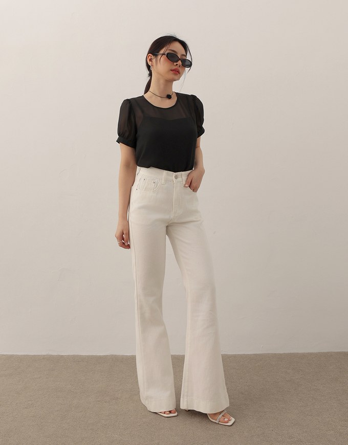 Sheer Puff Sleeve Mesh Top And Basic Camisole Set Wear