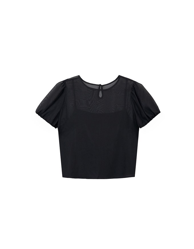 SET WEAR TOP Blouse And Inner Camisole Puffed Sleeves Sheer Mesh Outer Layer