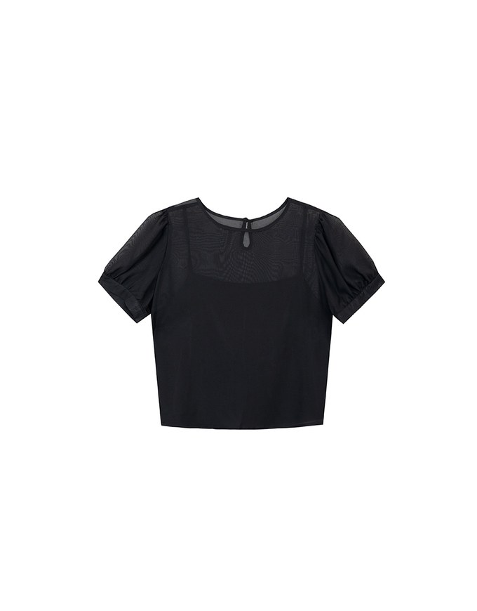 Sheer Puff Sleeve Mesh Top And Basic Camisole Set Wear