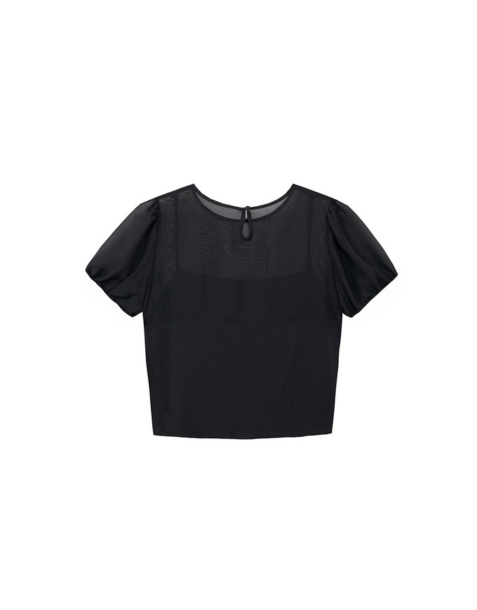 SET WEAR TOP Blouse And Inner Camisole Puffed Sleeves Sheer Mesh Outer Layer