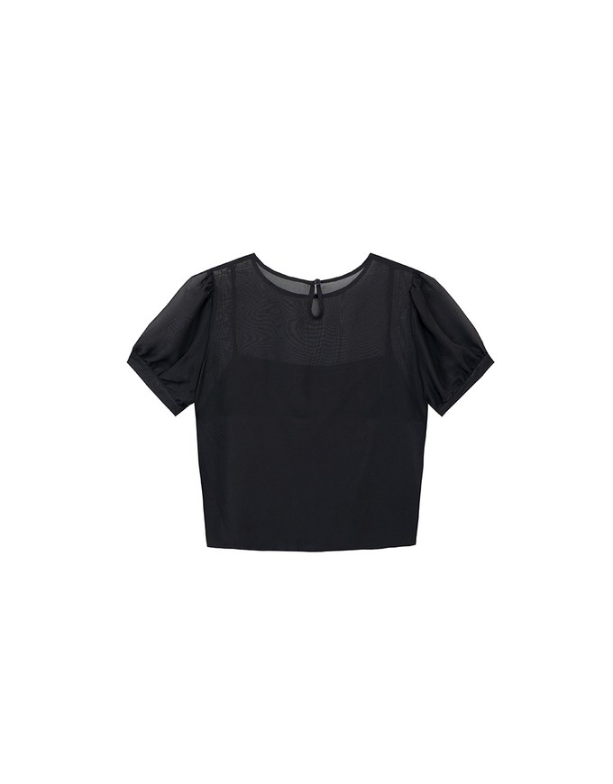 Sheer Puff Sleeve Mesh Top And Basic Camisole Set Wear