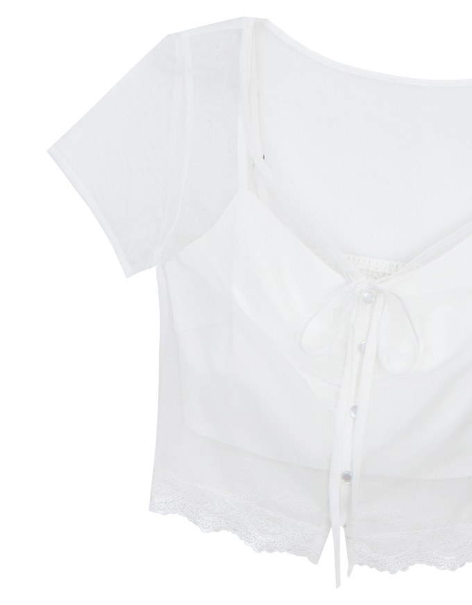 Lace Trimmed Sheer Mesh Outer Top with Front Tie Detail and Solid Spaghetti Strap Cami Padded Top Set Wear