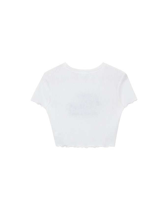 Crew Neck Letter Embroidered Ruffle Trim Short Sleeve Top