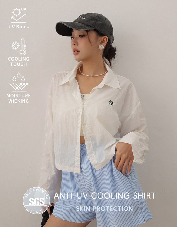 Skin Protection Sheer Button Up Cropped Blouse with AIR SPACE LOGO Embroidered