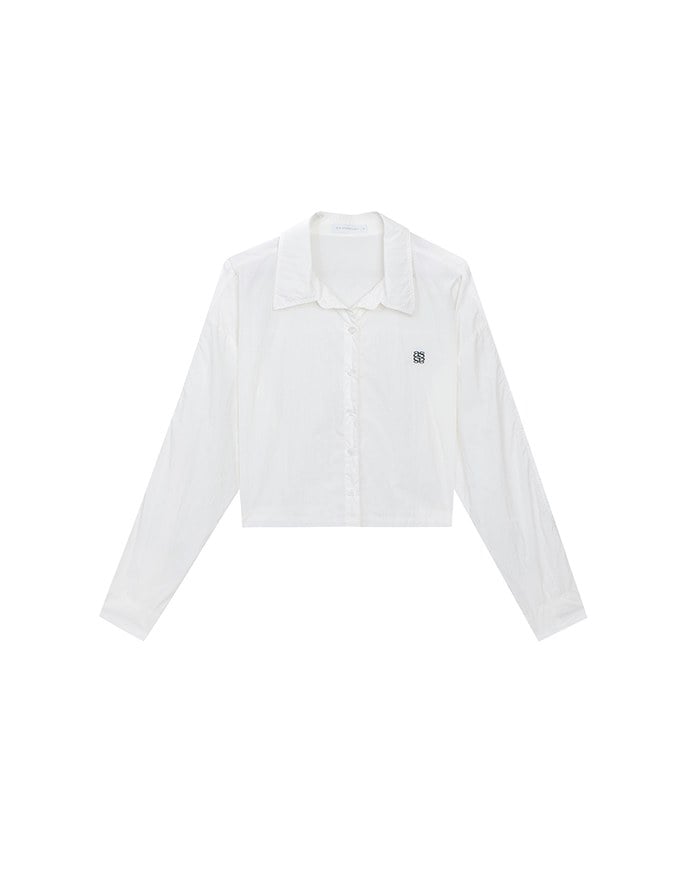 Skin Protection Sheer Button Up Cropped Blouse with AIR SPACE LOGO Embroidered