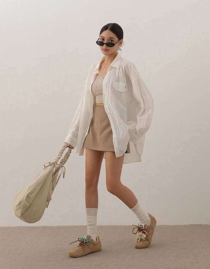 Skin Protection Sheer Button Up Oversized Blouse with Two Flap Pockets