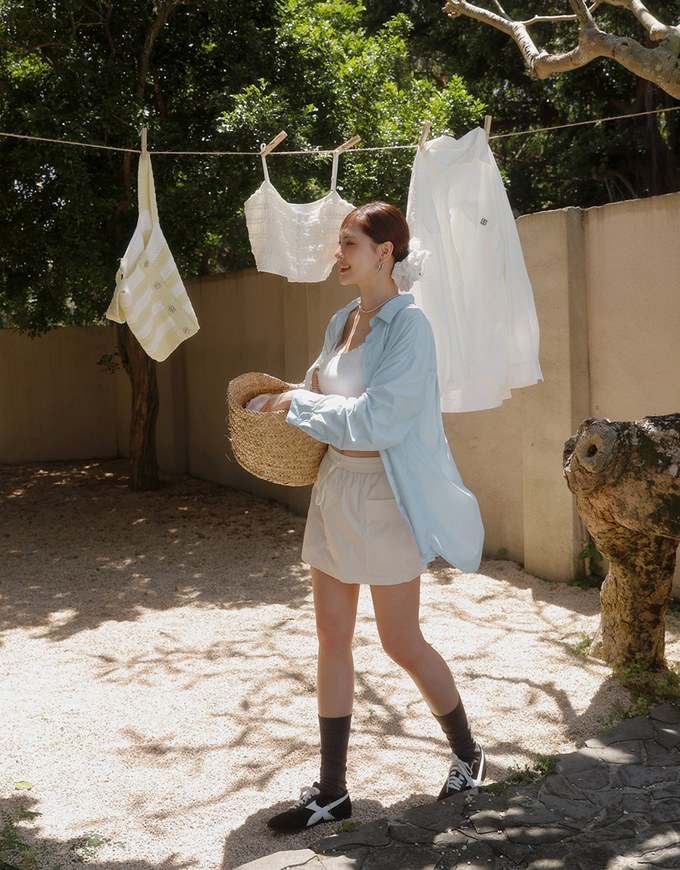 Skin Protection Sheer Button Up Oversized Blouse with Two Flap Pockets