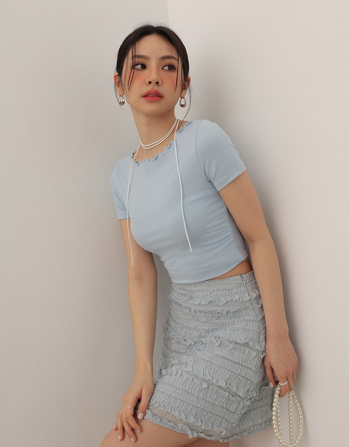 Basic Soft Ribbed Knit Fitted Crop Top with Lettuce Trim
