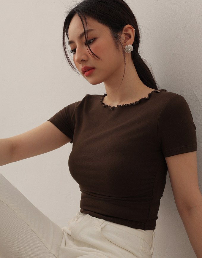 Basic Soft Ribbed Knit Fitted Crop Top with Lettuce Trim