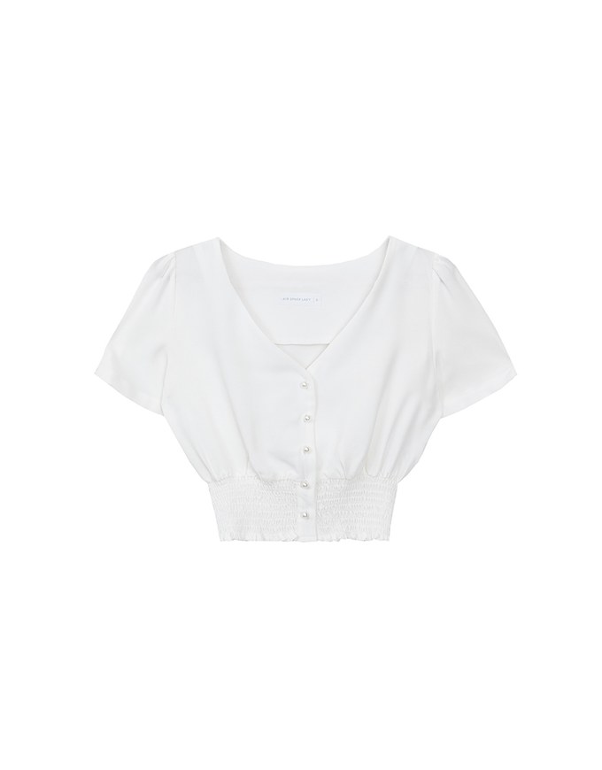 V Neck Ruched Crop Top With Pearl Button Detail
