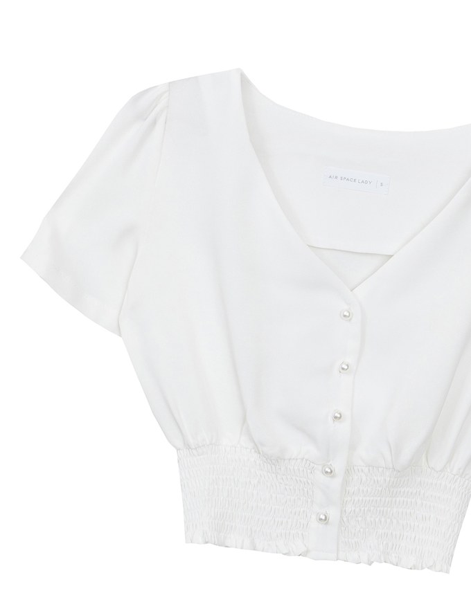 V Neck Ruched Crop Top With Pearl Button Detail