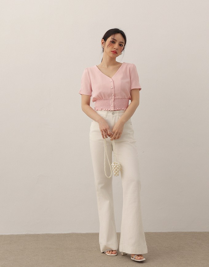 V Neck Ruched Crop Top With Pearl Button Detail