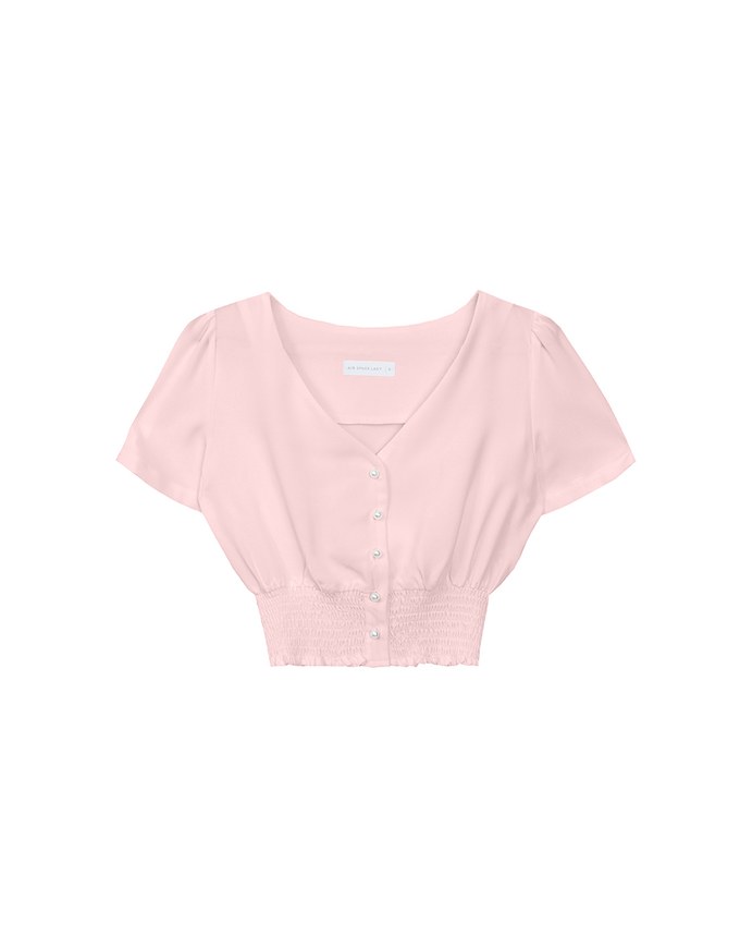V Neck Ruched Crop Top With Pearl Button Detail