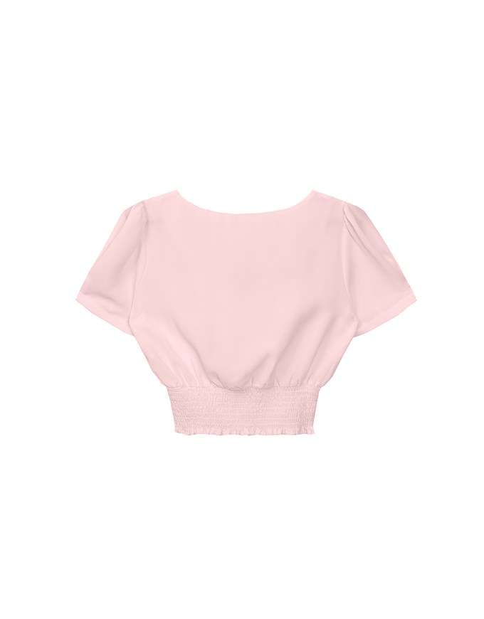 V Neck Ruched Crop Top With Pearl Button Detail