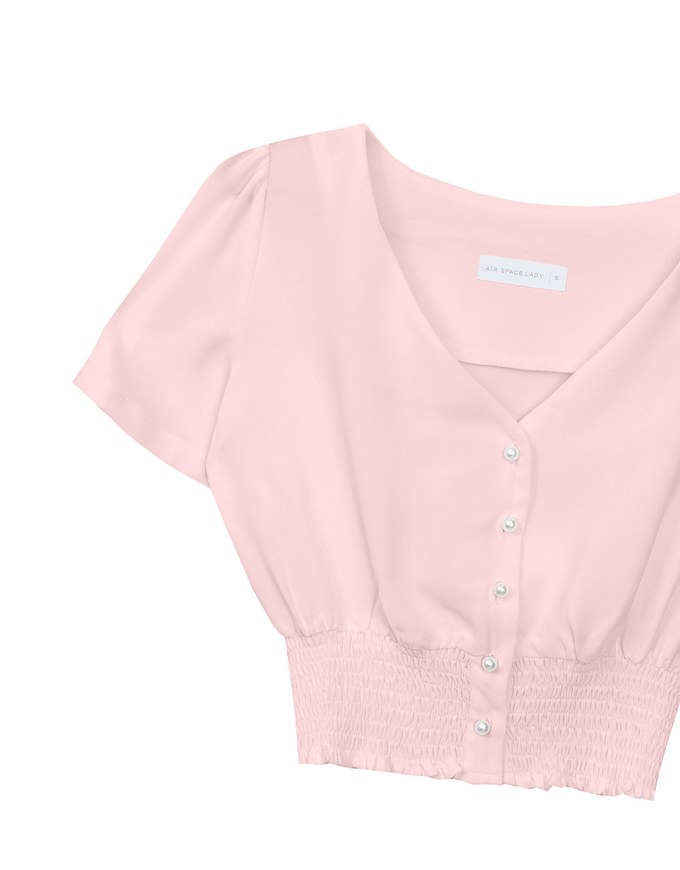 V Neck Ruched Crop Top With Pearl Button Detail