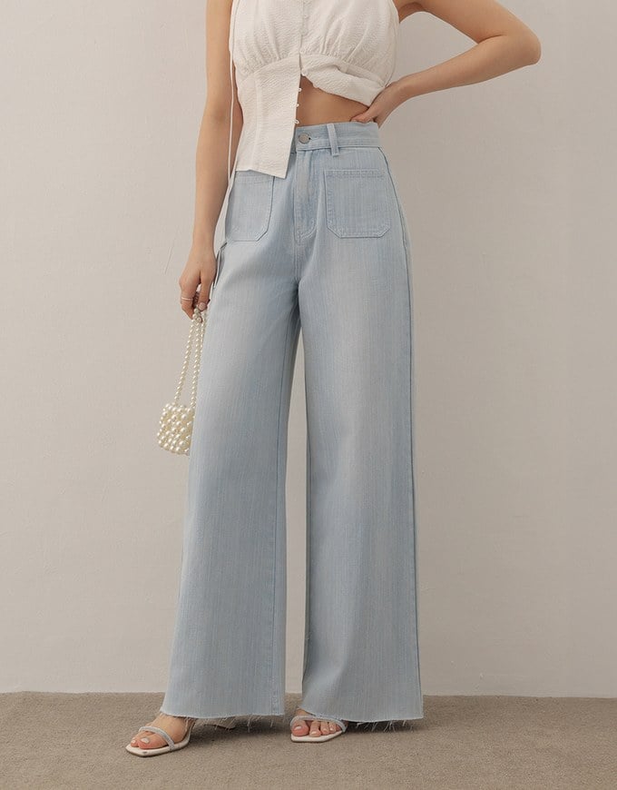 Jeans Denim Wide Leg Pants with Raw Hem and Patch Pockets