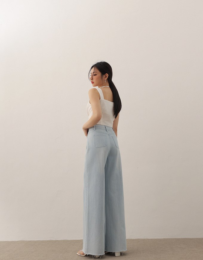 Jeans Denim Wide Leg Pants with Raw Hem and Patch Pockets