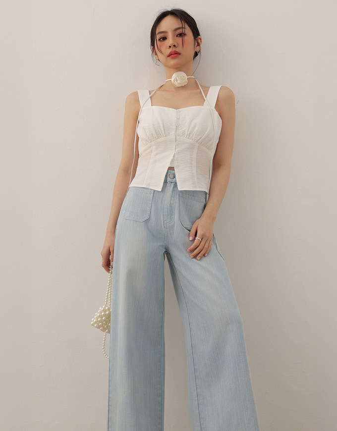 Jeans Denim Wide Leg Pants with Raw Hem and Patch Pockets